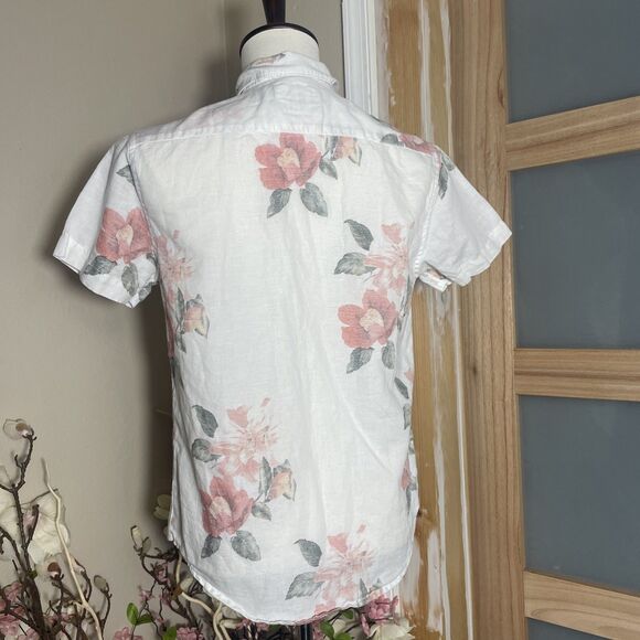 Denim & Flower Mens Small Floral Print Button Up Short Sleeve Shirt Linen Blend - Picture 7 of 11